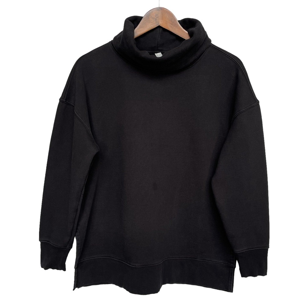Athleta Sweatshirt Womens Medium Black Funnel Neck Side Slit Relaxed Good